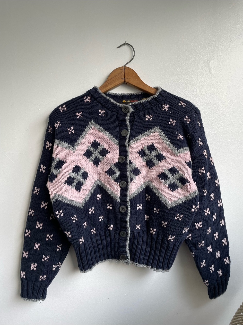 Cozy Navy & Pink Patterned Button-Up Hand-Knit Women's Cropped Vintage Cardigan